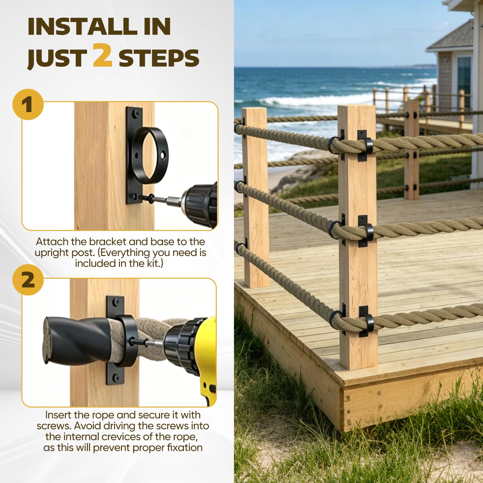 Supports De Corde, Kit De Fixation 5 Pièces équerres Anneaux Et Supports Pour Clôtures Escaliers Garde Corps De Terrasse Et Mains Courantes Quincaillerie Murale Pour Une Installation Facile