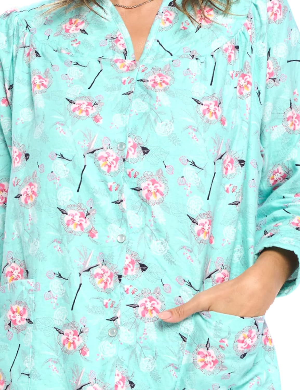 Casual Nights Women's Floral Snap Front Flannel Duster Long Sleeve Lounger Dress - Image 5