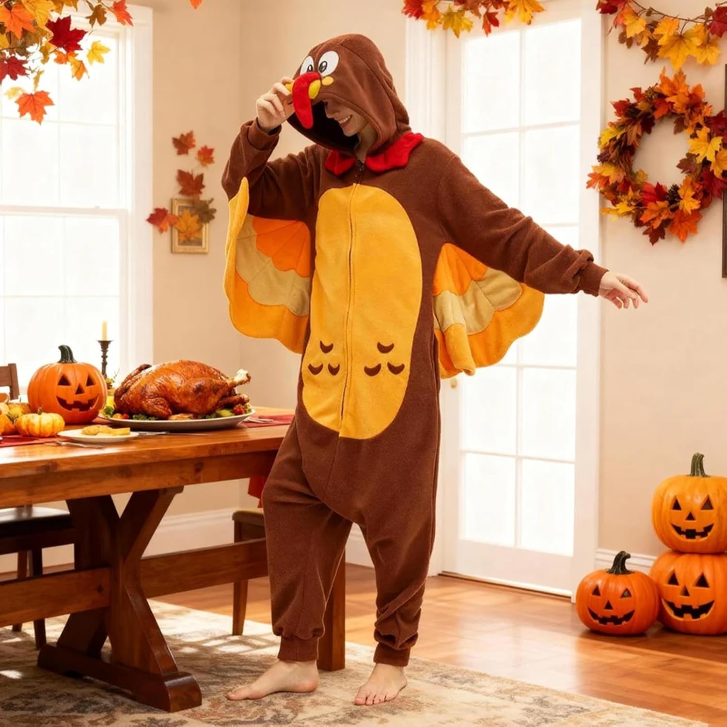 Turkey Adult Onesie Thanksgiving Plush Costume, Animal Onesies Pajamas Unisex Adults Cartoon Cosplay Halloween - Image 4