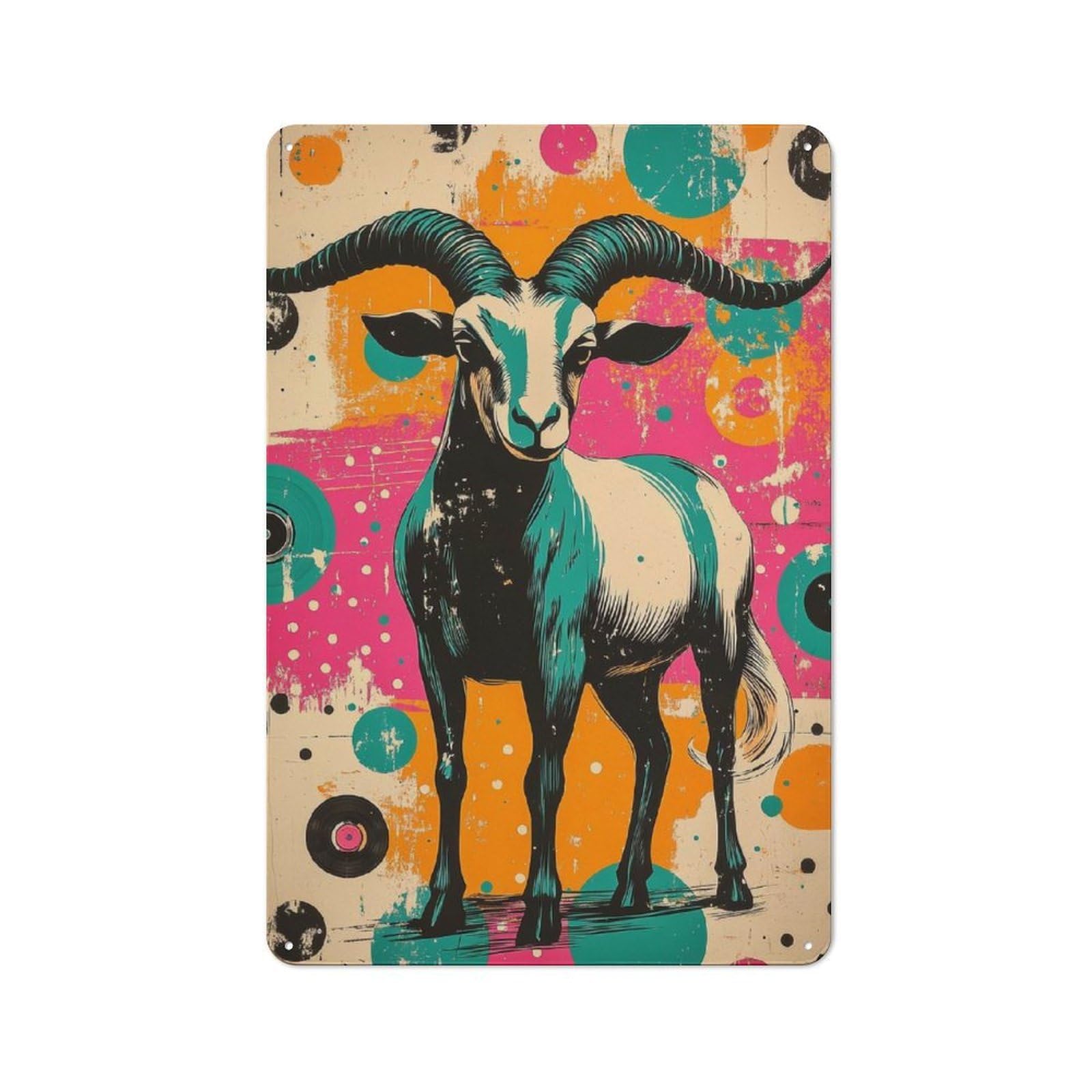 Junmoney Retro Goat Illustration Goat - Rustic Pop Ar T Charm Rustic Metal Wall Decor 30X20cm, Decorative Tin Plaque For Pub, Home Bar, Shed Or Man Cave