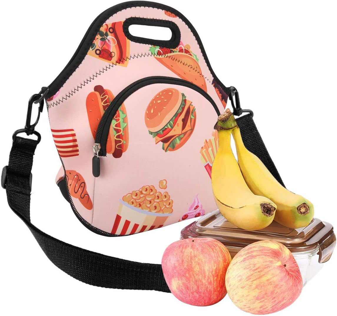 Violet Mist Neoprene Thermal Insulated Lunch Bag Tote Large with Extra Pocket Detachable Adjustable Shoulder Lunchbox Handbags Women men, Hamburger image 4