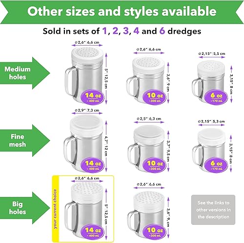 Miniatura 4 de CUSINIUM Cocteleras de queso parmesano de metal de 14 onzas con agujeros grandes, con asa, dispensadores de hojuelas de chile, cocteleras de pizza,
