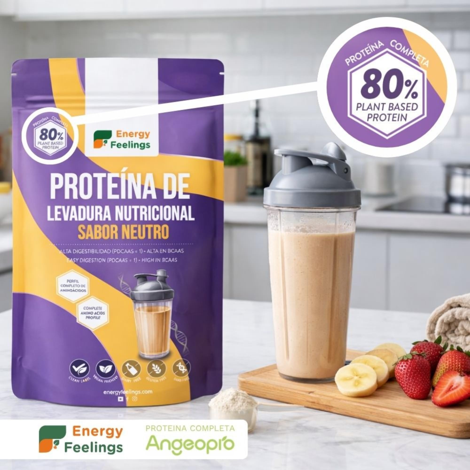 Energy Feelings Protéine Végétale de Levure Nutritionnelle 80%, Vegan Protein Powder, Protéine en Poudre Goût Neutre Sans Sucre Ajouté et Sans Lactose pour Musculation, Naturelle, 1kg