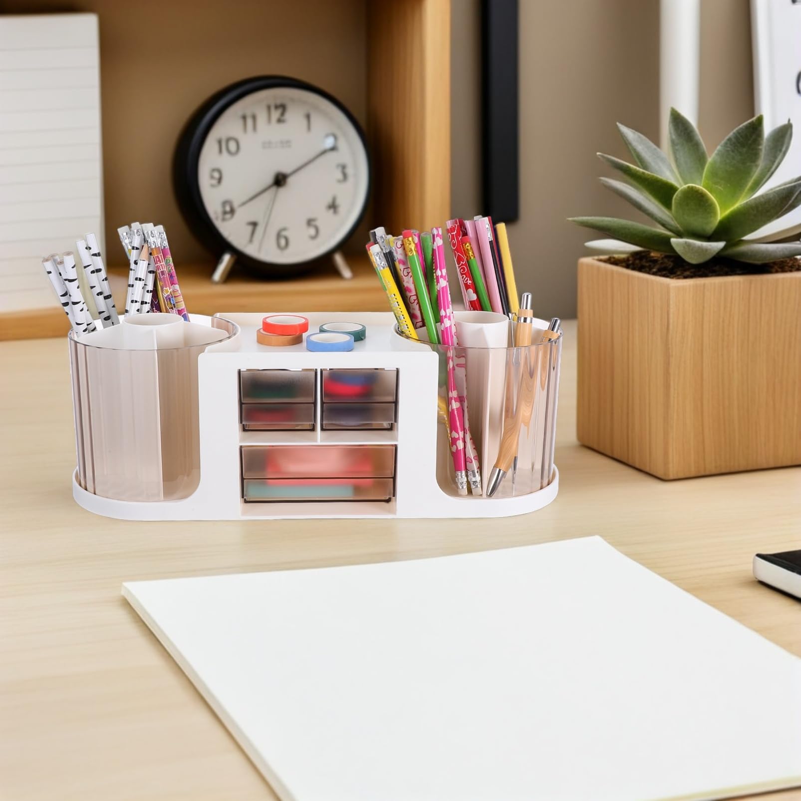 DOITOOL Organizador de Escritorio Giratorio con Cajón Portalápices Transparente Doble Rotación para de Oficina Almacenamiento de Papelería y Accesorios de Arte