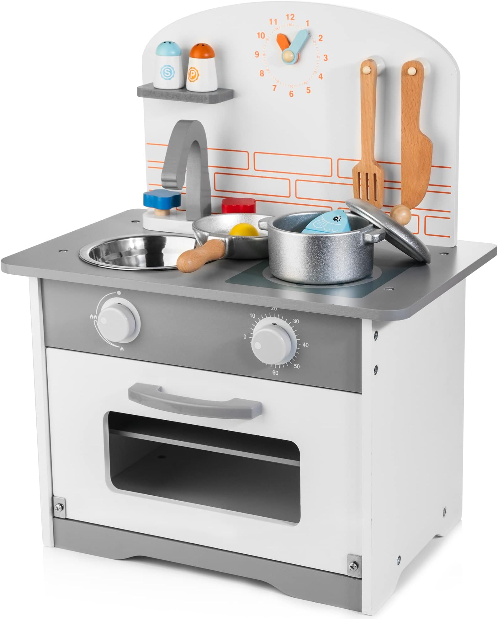 HELLOWOOD Wooden Toy Kitchen Set for Kids, Realistic Kitchen Utensils with Removable Sink Faucet & Play Food, Pretend Play Kitchen Toys for Boys Girls Age 3+