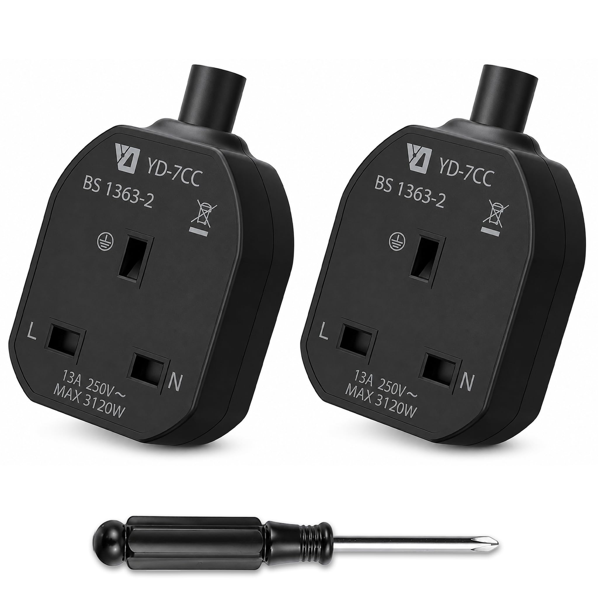 2Pcs Single Trailing Socket with Screwdriver, 13A 3120W Rewireable Black Plug Sockets, Single Plug Socket for Building or UK Lead Repair, Flame-retardant PC, Safety Shutters, Electronic Accessories