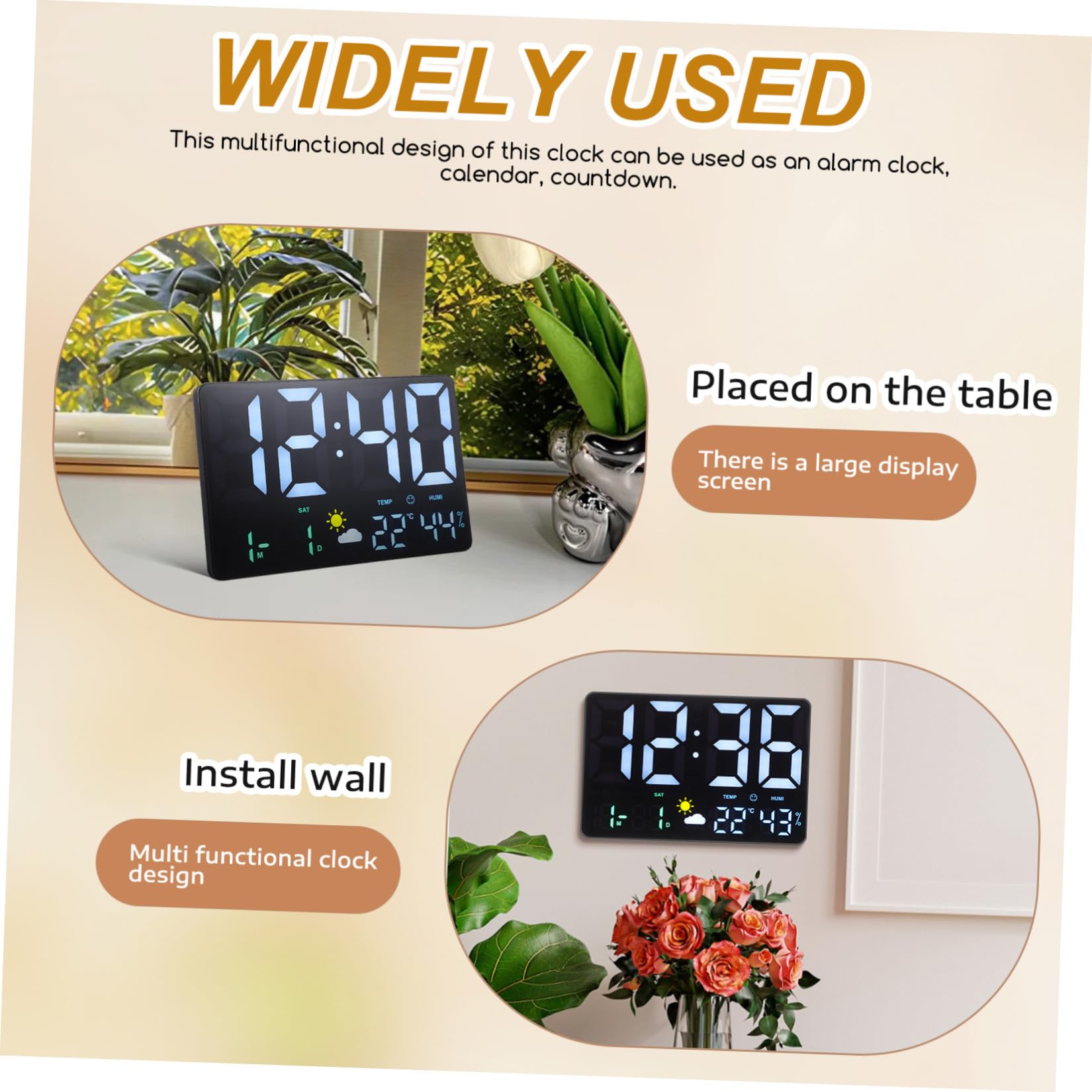 Orologio Digitale da Parete Nero Display Grande, Led, Ufficio | Previsioni Meteo, Sensore Pressione Aria, Conto alla Rovescia, Soggiorno