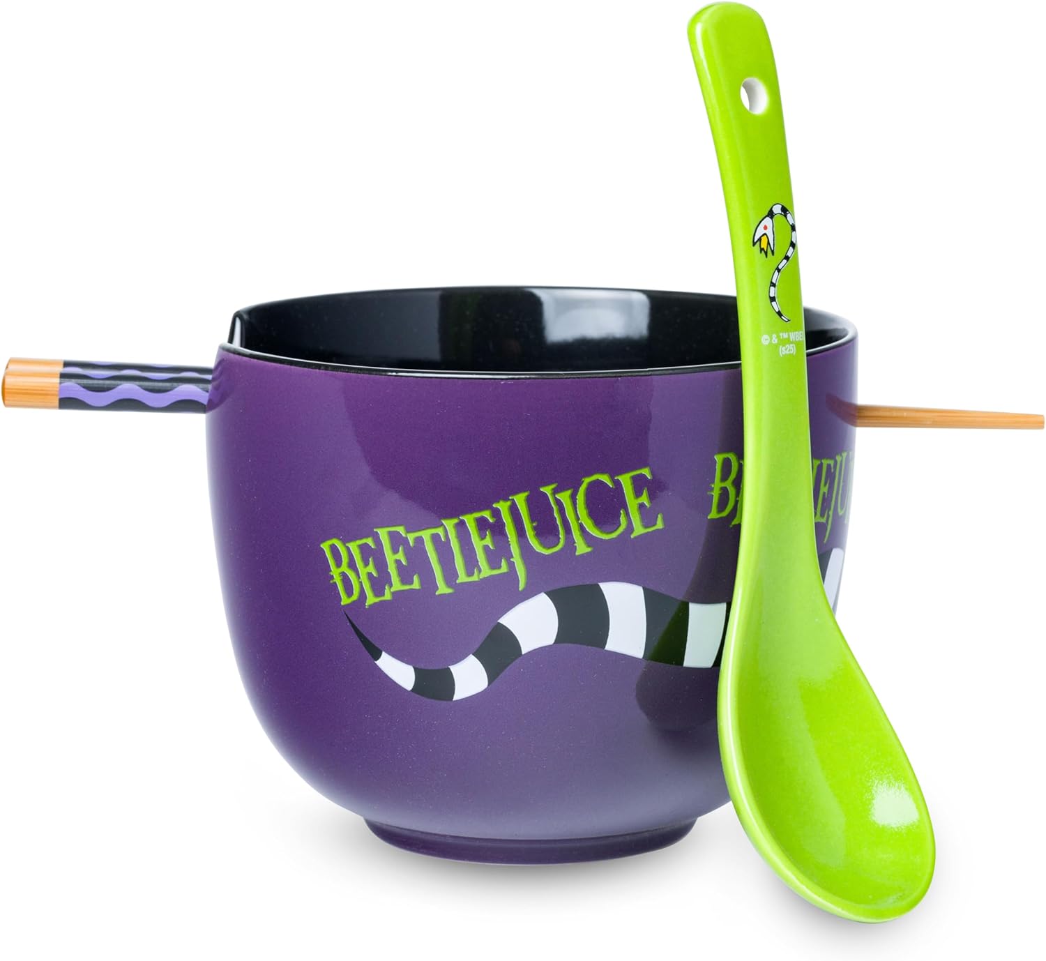 Silver Buffalo Beetlejuice Sandworm Ceramic Ramen Noodle Rice Bowl with Chopsticks and Spoon, Microwave Safe, 20 Ounces