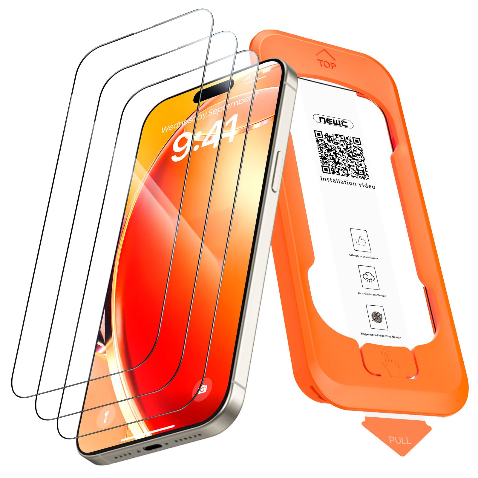 NEW'C 3 Piezas, Protector de pantalla Cobertura total para iPhone 15 Pro Max 6,7 pulgadas [Instalación Automática], Cristal Vidrio Templado - Ultra Resistente - Efectivo contra Rayones Global Recycled Standard Global Recycled Standard Global Recycled Standard