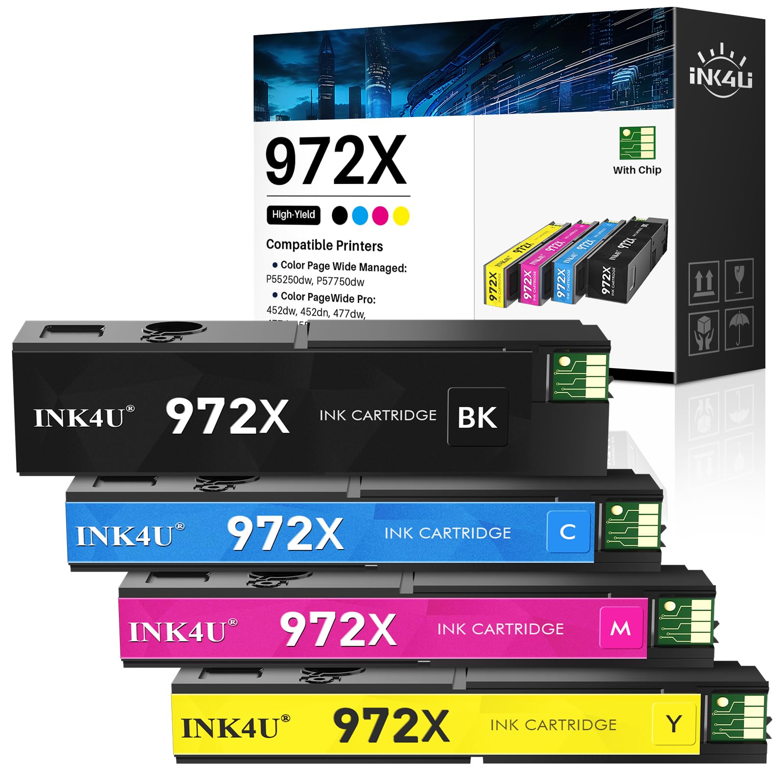 Photo 1 of 972X Ink Cartridges Compatible Replacement for HP 972X 972A Ink to Work for Color PageWide Pro MFP 477dw Ink Cartridges 477dn 577dw 452dw 452dn 577z 552dw P55250dw Printer (4 Pack, B/C/M/Y)