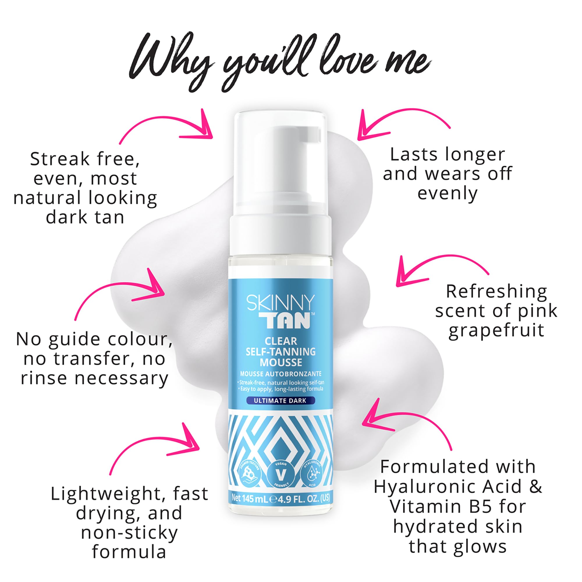 Skinny Tan Clear Self-Tanning Mousse Ultimate Dark, Hyaluronic Acid, Aloe Vera, Vitamin B5, Easy To Apply Luxurious - Image 2
