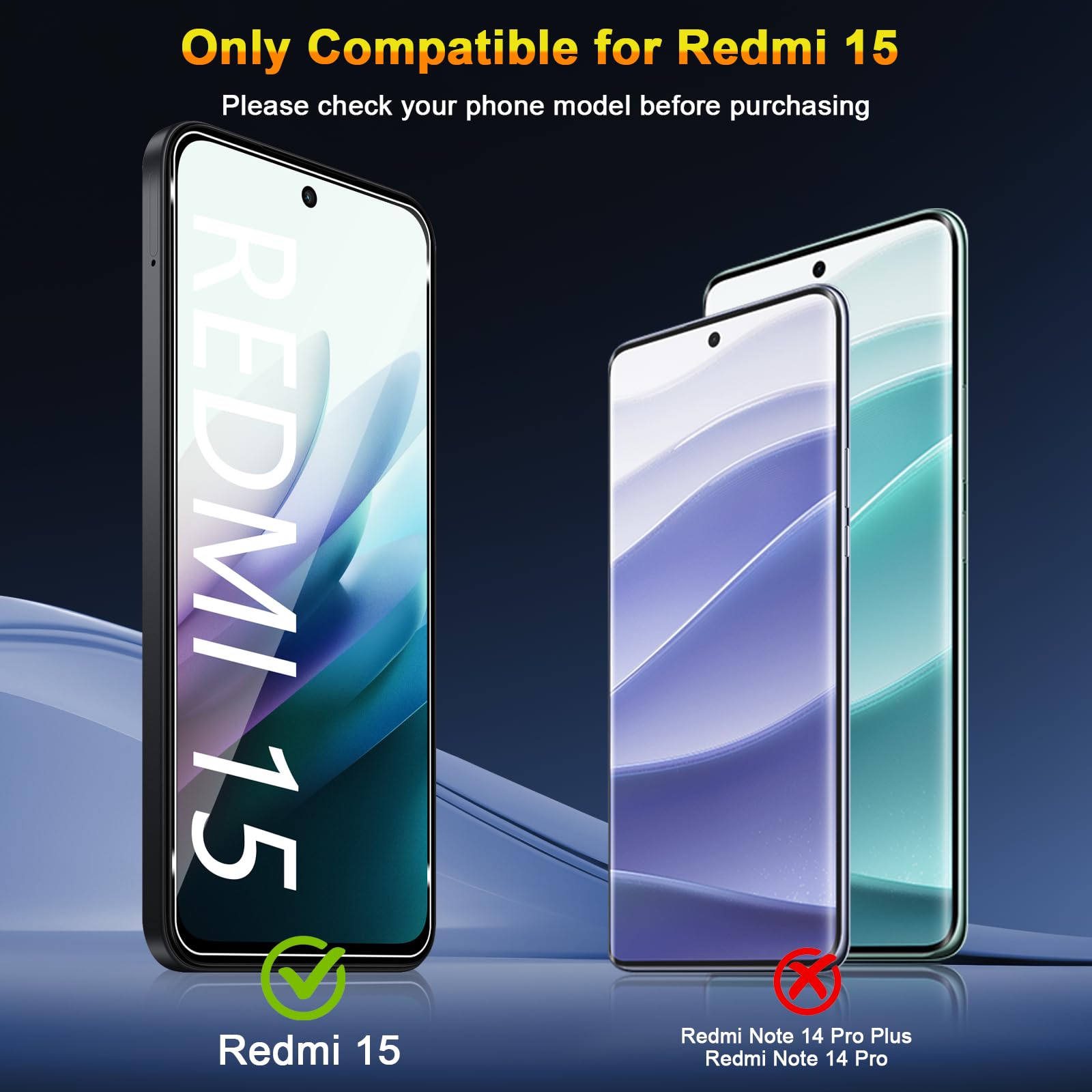 QULLOO Szkło hartowane do Xiaomi Redmi 15 4G / 5G, 2 sztuki szkła ochronnego i 2 sztuki folii na aparat, twardość 9H Anti Scratch HD, przezroczysta osłona ekranu