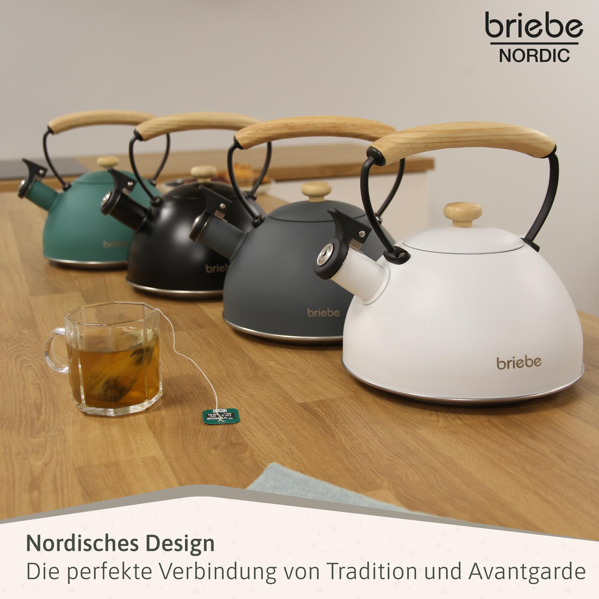 briebe Nordic Wasserkessel Induktion 2,3L, Flötenkessel, Edelstahl Teekessel Retro Alle Herdarten, GlasKeramikherd, Gas, Elektroherd, Holzgriff Cool-Touch, für Tee Kaffee, Tea pot, Schwarz