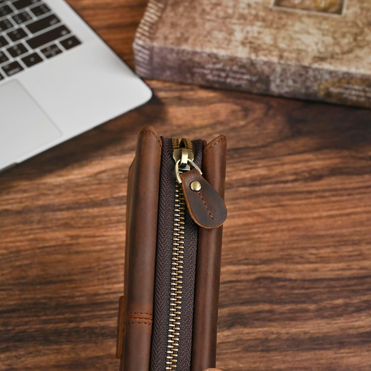 Genuine Crazy Horse Leather Travel Gift Coin Pocket Card Case Long Organizer Chain Rfid Wallet Purse With Snap For Men Male 1803 1815 (W-1819-Brown) - Image 7