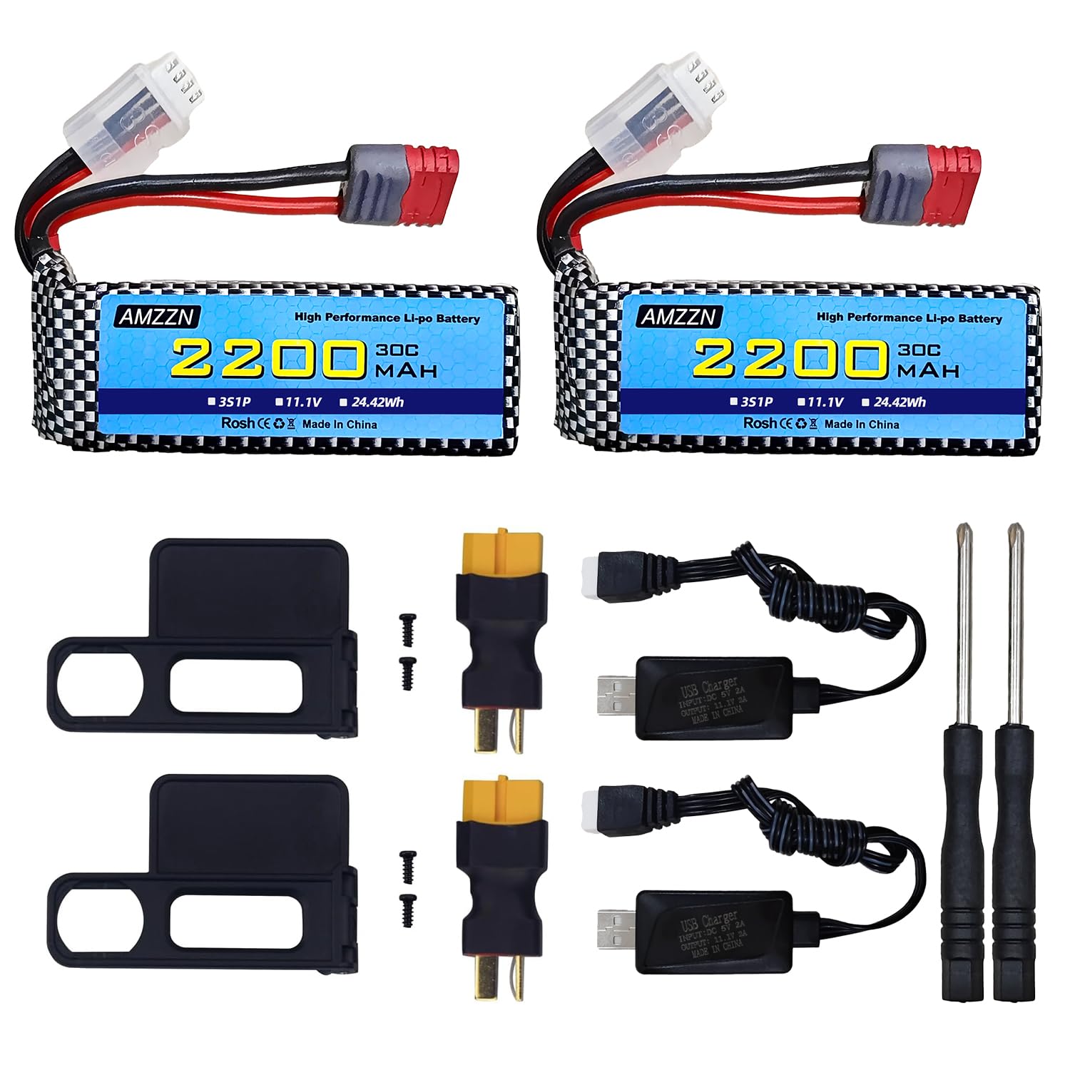 2PCS 11.1V 2200mAh 30C 3S T-Plug Lipo Batteria con caricatore USB per MJX H16 H16P H16E H16GT H16BM H16DR H16PL 14301 RC auto, modello Drift ad alta velocità batteria aggiornata
