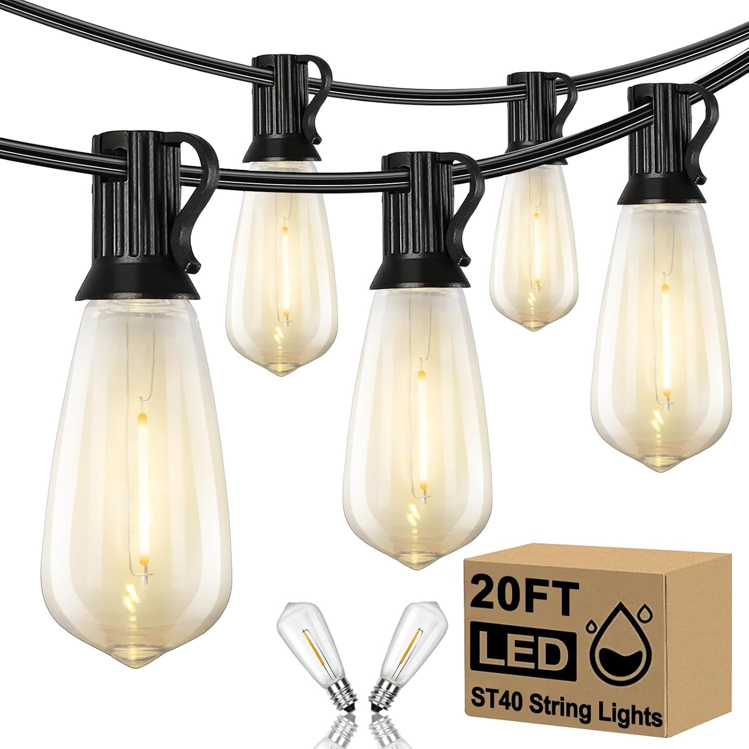 20FT LED Outdoor String Lights,Edison Lights Outdoor String with 22 Shatterproof ST40 Vintage Edison Bulbs,Outside Lights Waterproof for Outside Backyard Porch,Garden,Black ST40-20FT-LED Black