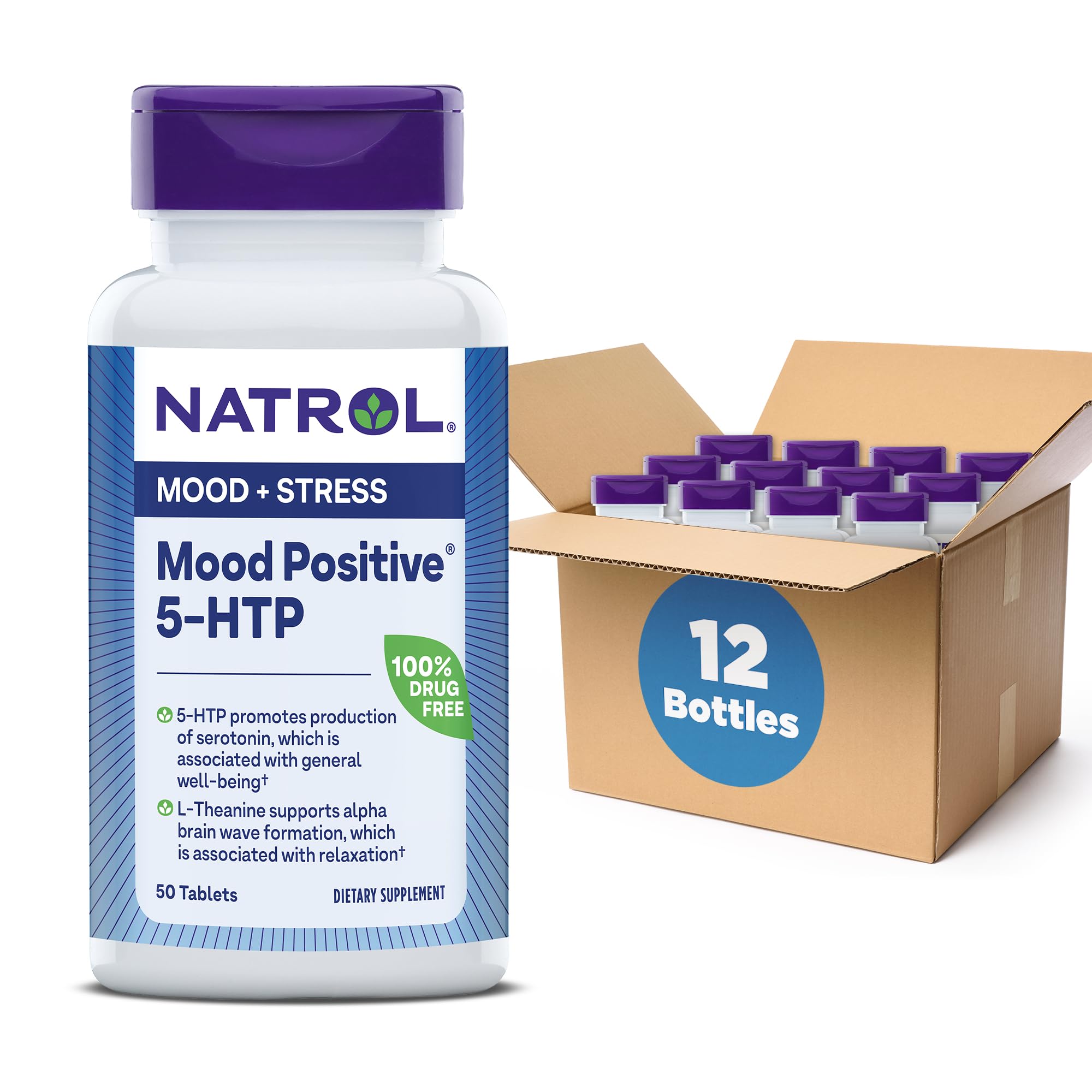 Natrol Mood Positive 5-HTP 50mg with L-Theanine, Vitamin B6, Vitamin B12 and Folate, Dietary Supplement Helps Support a Positive Mood, 50 Tablets, 25-50 Day Supply (Pack of 12)