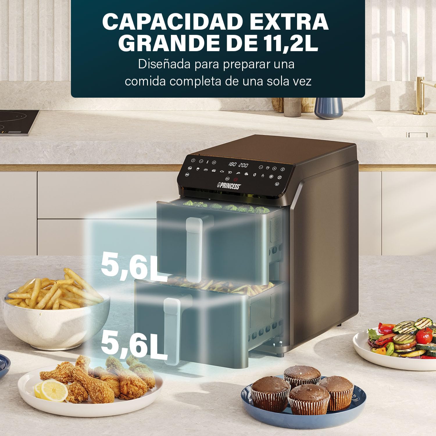 Princess Stack Freidora de Aire, Doble Freidora, 11,2 L, 3000 W, Diseño Vertical, Función Sincronizada, Revestimiento sin PFAS, Negro, 01.182278.01.001