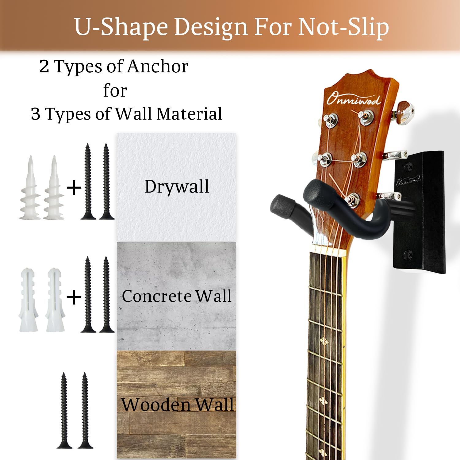 Omniwod - Soporte de pared para guitarra de madera dura, paquete de 3 perchas en forma de U, se adapta a acústico, eléctrico, banjo, bajo, ideal para guitarristas