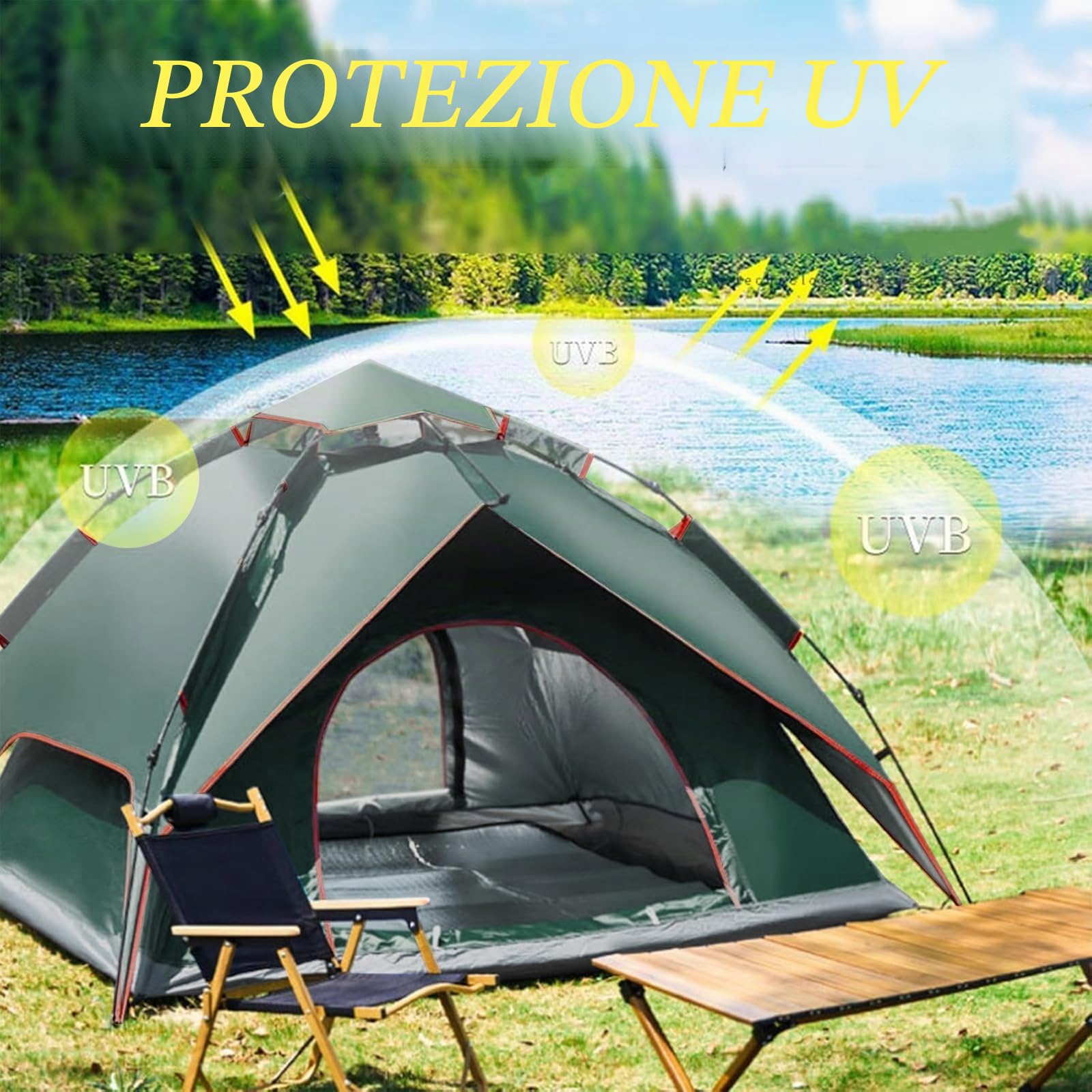 Tenda da campeggio, istantanea automatica pop-up per 2-3 persone, doppio strato di vento e tenda impermeabile, adatta per escursioni e viaggi in famiglia
