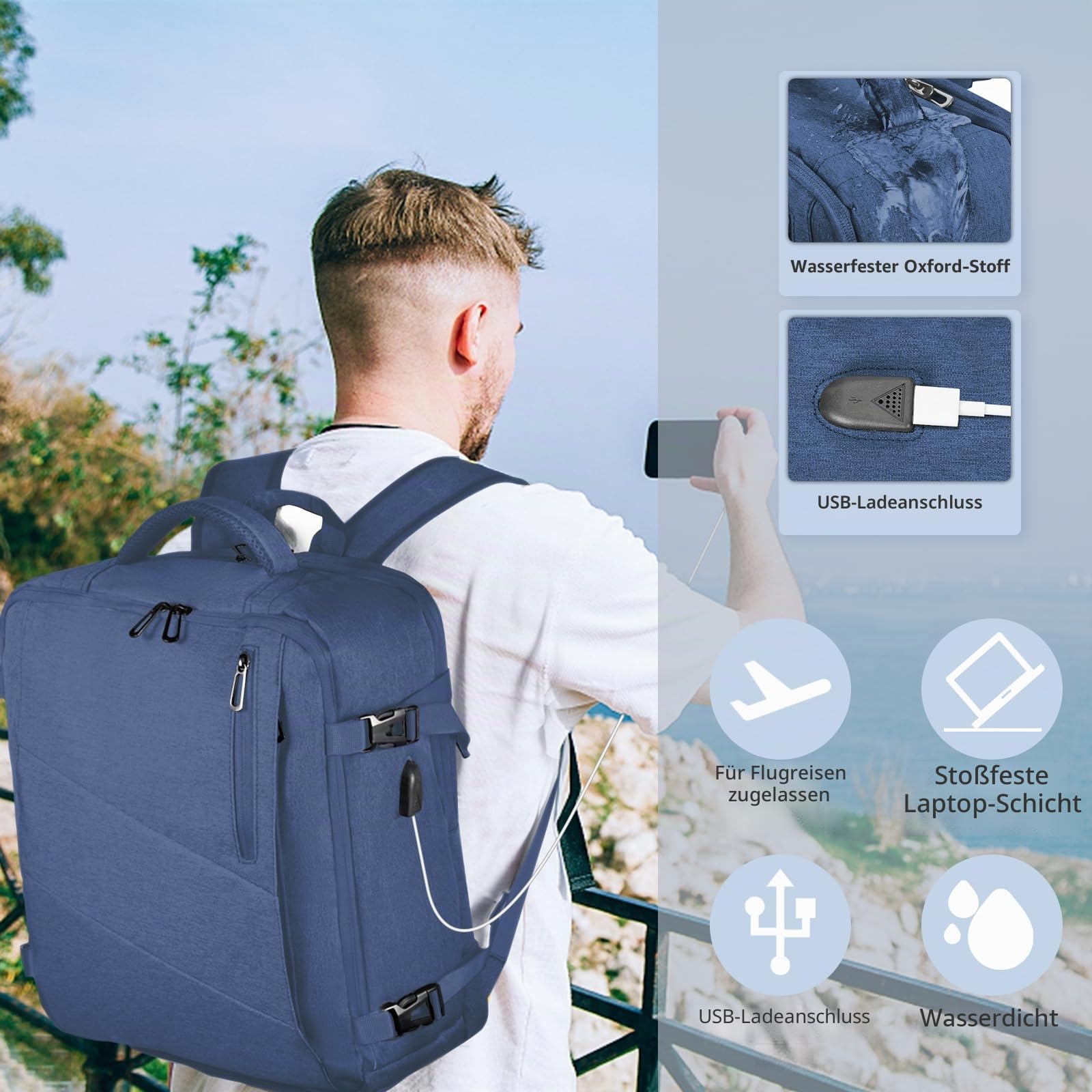 Handgepäck Reiserucksack 45x36x20 für Easyjet, Rucksack Travel Backpack Wasserdichter Tagesrucksack Schultasche Wanderrucksack (Blau)