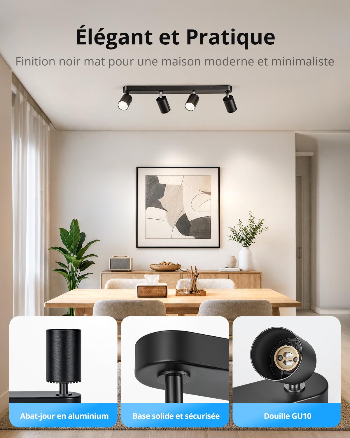 Gr4tec Plafonnier 4 Spots Orientable GU10, Moderne Rampe de spots Noir