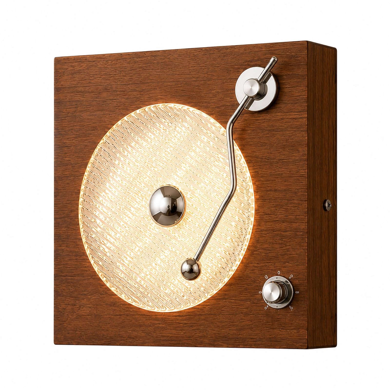Lampa ścienna w stylu vintage, model inspirowany gramofonem | Funkcją ściemniania, Design retro nawiązujący do płyt winylowych, płynna regulacja jasności, klosz ze szkła o fakturze