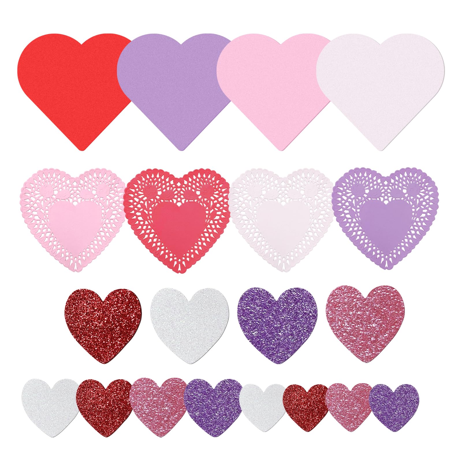 200 Pcs Valentines Day Crafts Set with Heart Doilies, Glitter and Matte Foam Heart Shaped Red White Pink Purple Stickers, Tableware Decoration Kids