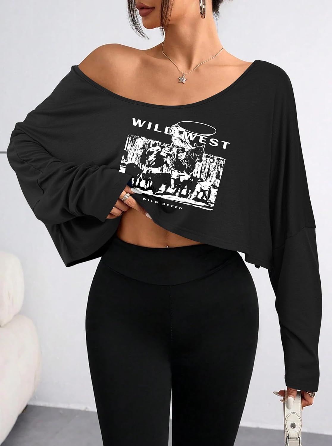 Hilinker Womens Off Shoulder Long Sleeve Crop Tops Sexy Boat Neck Loose Casual T Shirt - Image 3