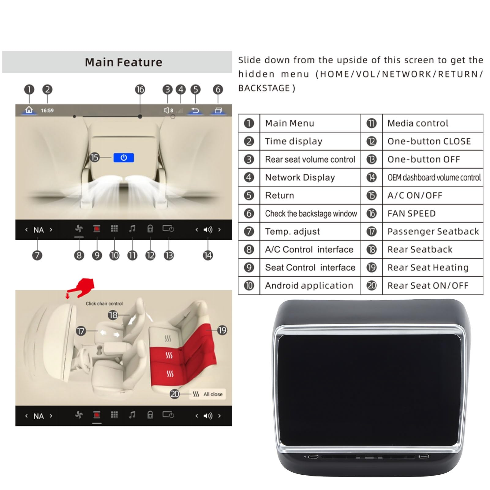 Rücksitz-Display für Y, 7,2-Zoll-HD-Bildschirm, Klimaregelung, Rücksitz-Klimasteuerung, Touchscreen-Multimedia-Entertainment-Player für den Rücksitz (26pol)