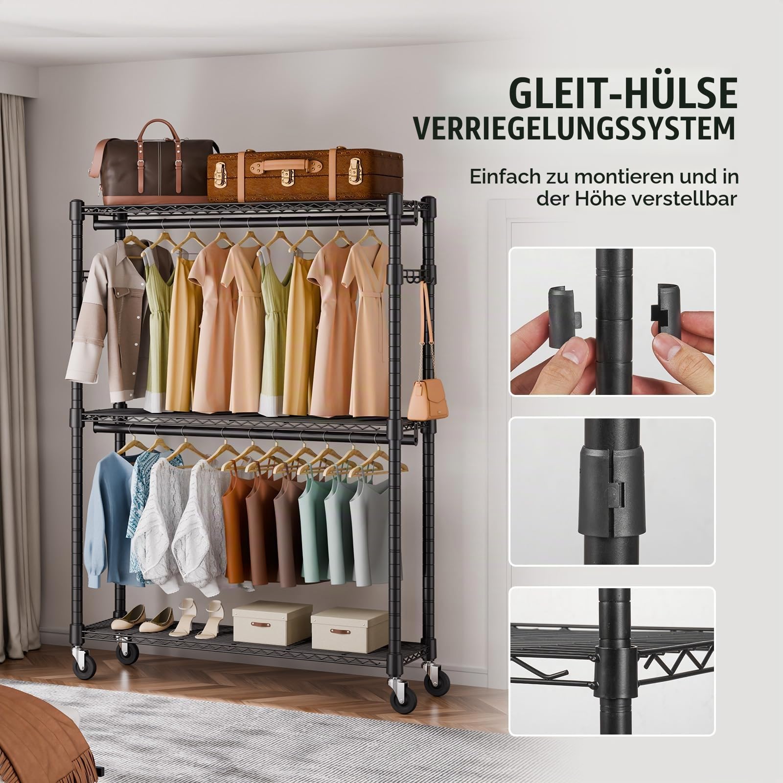 VEVOR 3-lagiger Rollbarer Kleiderständer Garderobenständer Kleiderstangen, 204 cm Höhe Stahl Kleiderständer 182 kg Belastbar, Strapazierfähig Ständer für Schlafzimmer, Wäscheraum, Ankleidezimmer usw.