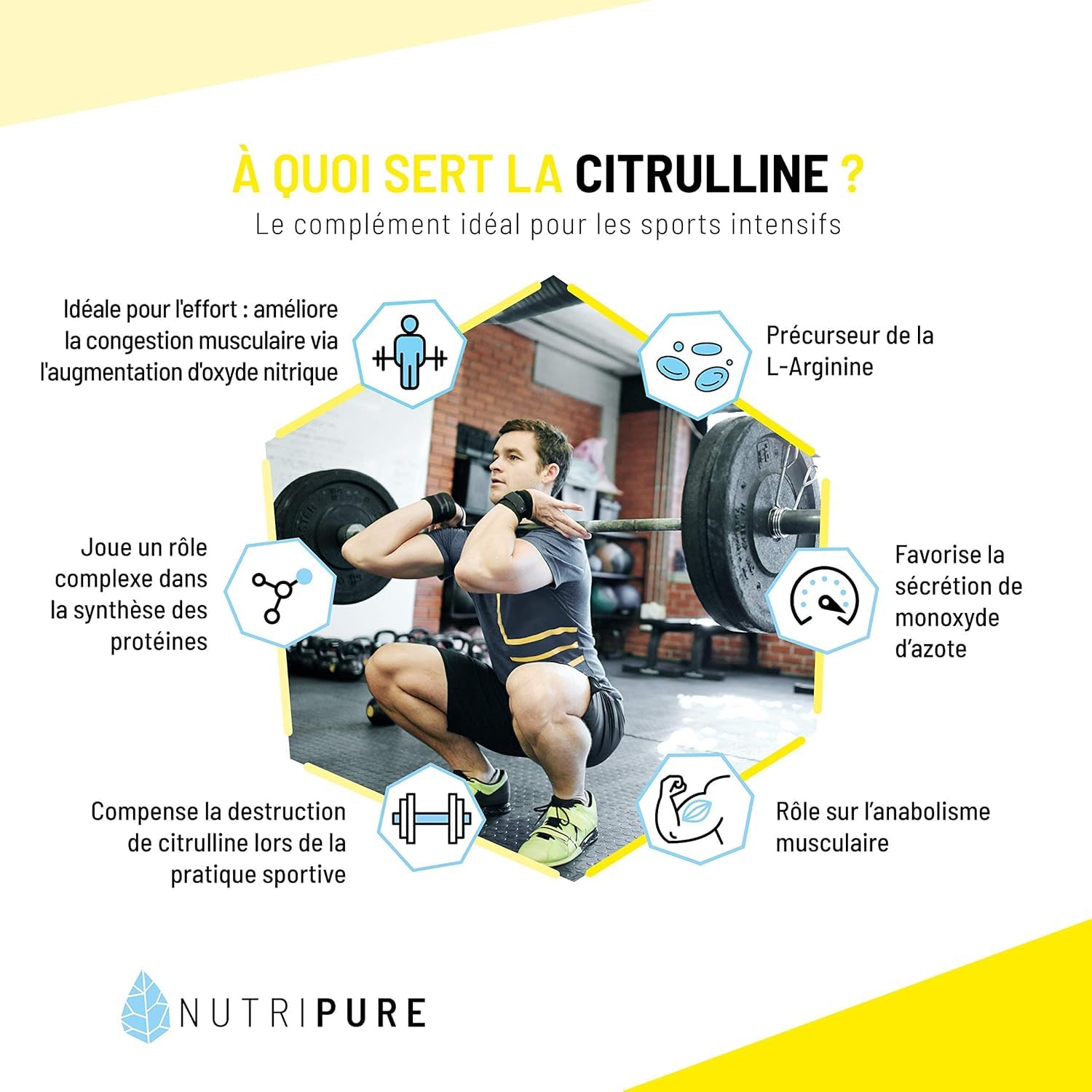 Nutripure | L-Citrulline BioKyowa® Végétale | Idéale pour la Congestion Musculaire pour l'Entraînement | Précurseur de l' Arginine | Sans Malate de Citrulline | 180 gélules(1 mois) | Made in France