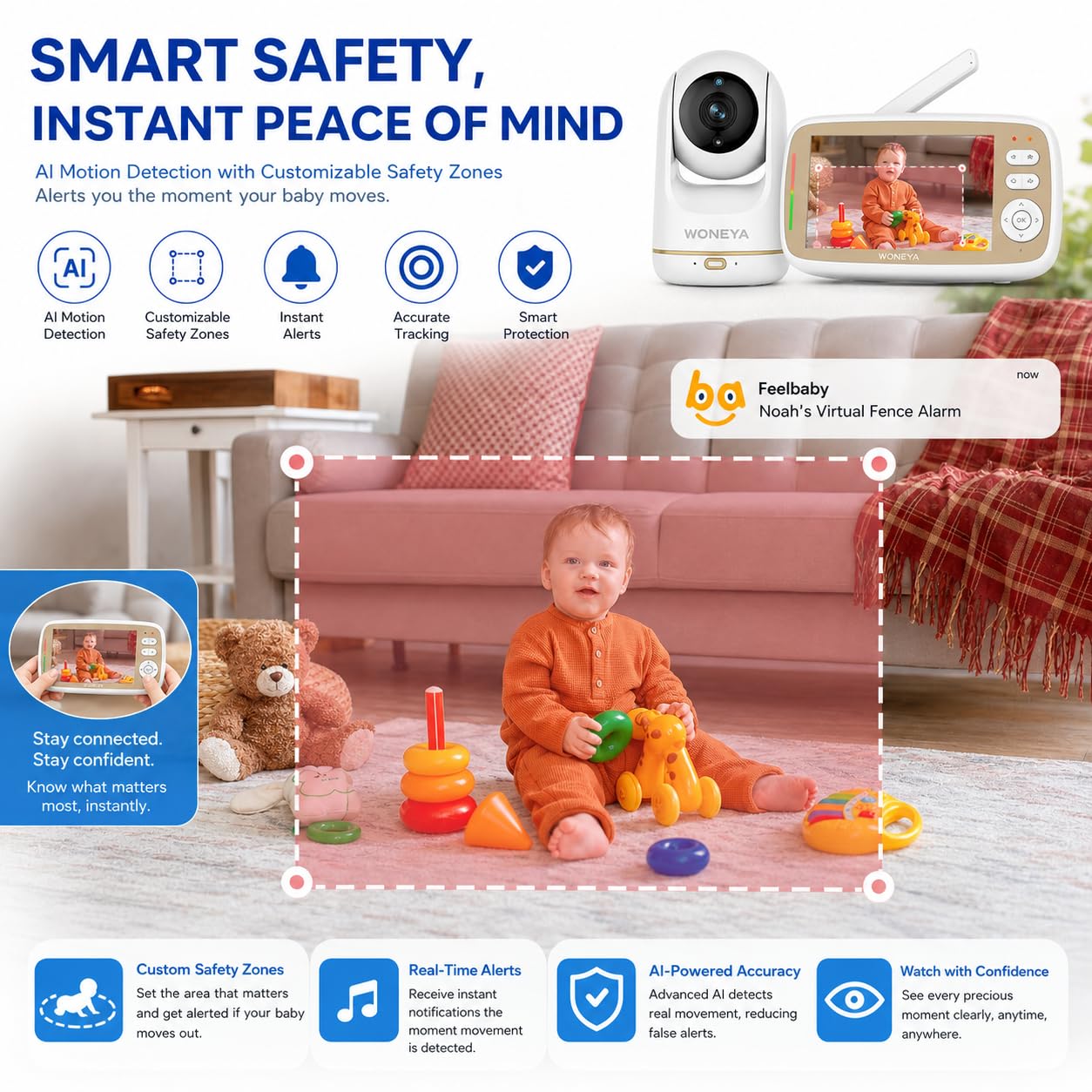 Smart Baby Monitor, schermo HD IPS da 5 pollici, lungo raggio di 1500 piedi, batteria 48 ore, rumori bianchi e ninne nanne, fotocamera HD 2K, zone sicure personalizzabili, rilevamento di