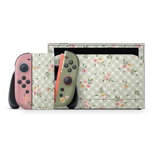 ZOOMHITSKINS Skin Compatible with Switch 2, Spring Green White Floral Leaf Gingham Cute Design, Durable 3M Vinyl Decal Sticker Wrap, Made in USA - Gloss