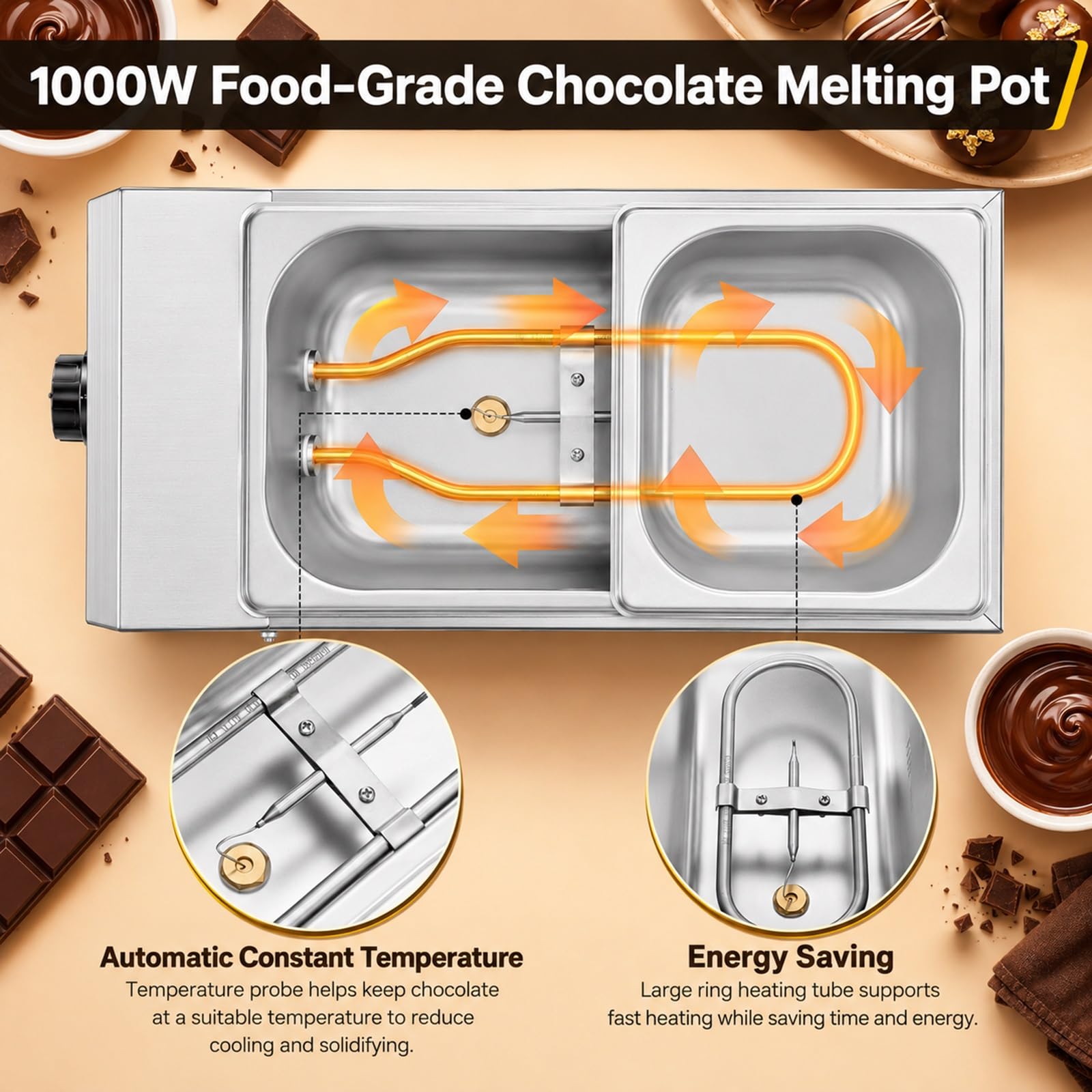 Generico Fonditore Elettrico per Cioccolato 1000W, Temperatrice Commerciale a 2 Vasche, Scaldaliquidi Automatico 6L - Regolabile per Cioccolato, Formaggio e Latte