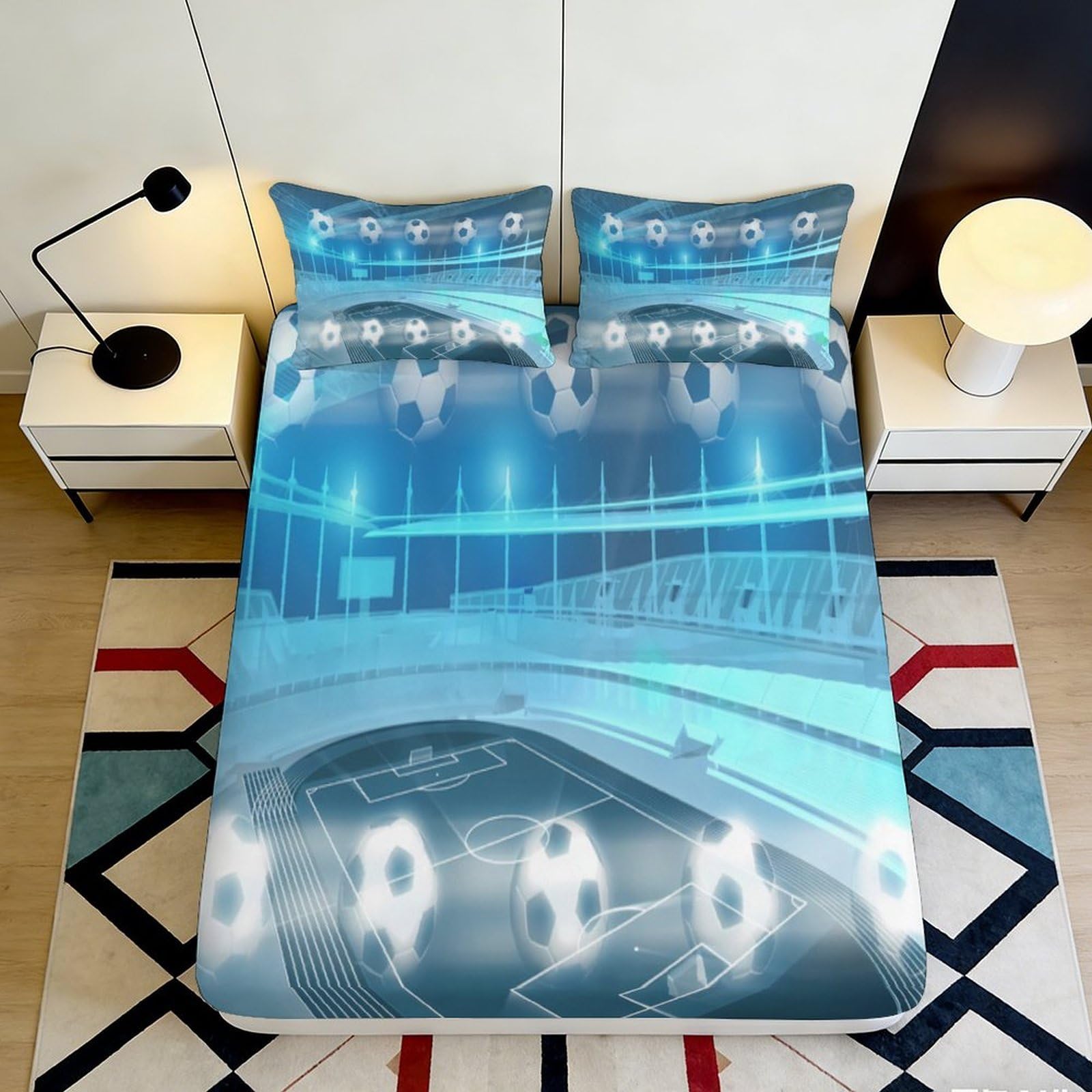 3D Printed Football Stadium Fitted Sheet Microfiber Soft Durable Soccer Ball Bed Sheet for Bedroom Dormitory Guest Room Mattress Protection 200x200x25cm