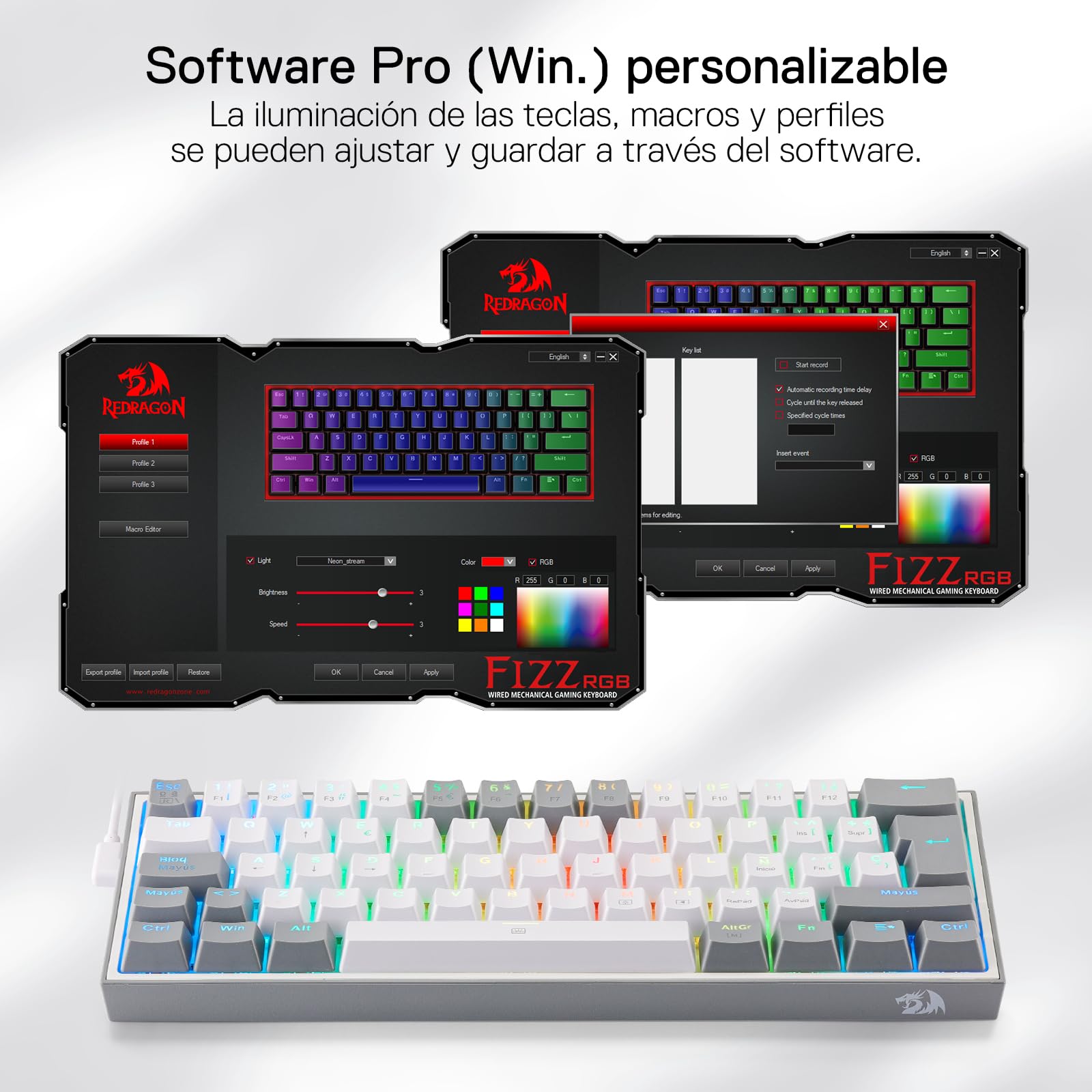 Redragon K617 Fizz 60% Disposición QWERTY ES Teclado Gaming, LED Iluminación Teclado para Juegos con Cable USB-C, Teclado Ultra-Compacto 62 Teclas, Hot Swap interruptores Rojos- para PC/Windows