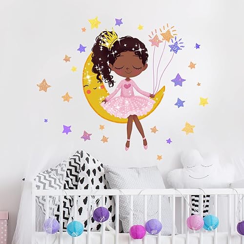 Miniatura 1 de RoyoLam Calcomanías de pared de niña negra sentada en la luna con estrellas calcomanías de pared para guardería preescolar calcomanías extraíbles