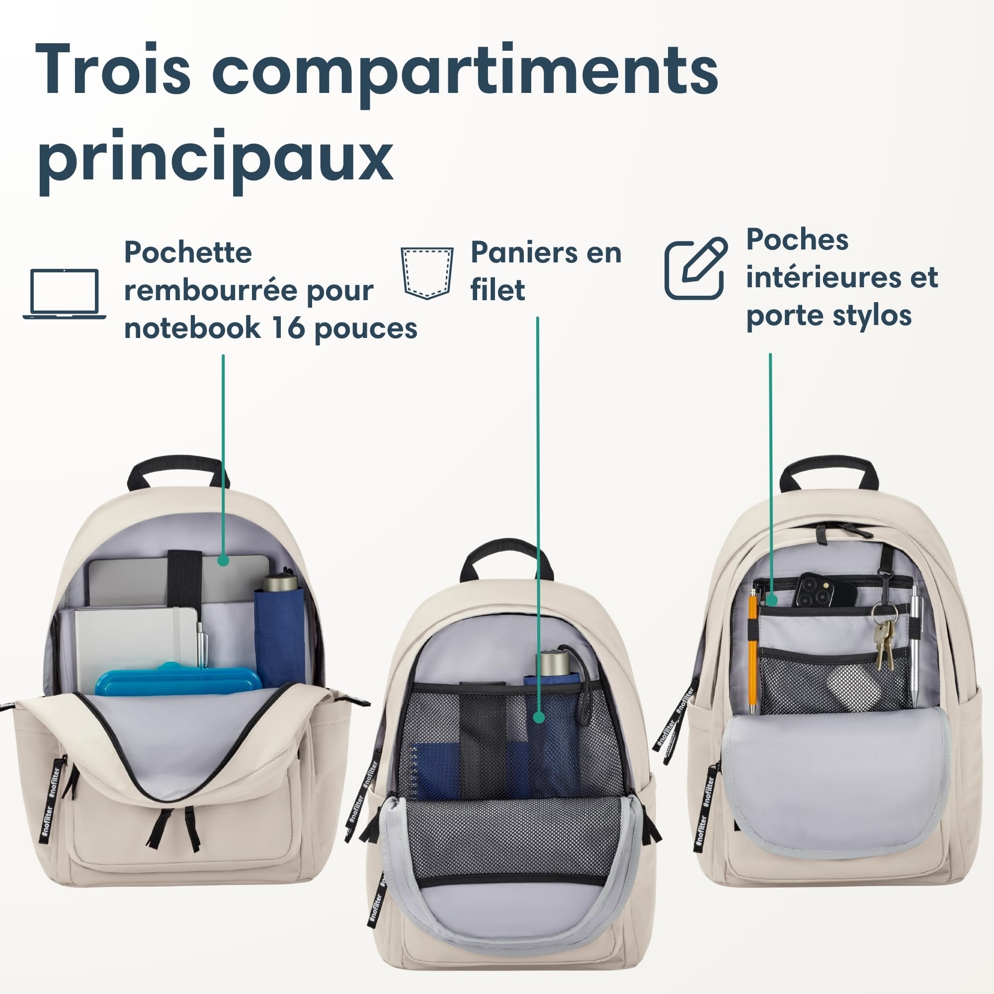 LARKSON Sac à Dos Fille & Garçon Beige - No 3 Advanced - Sac Ordinateur 16" pour Collège, Sport & Voyage - Grand Sac à Dos de Loisirs pour Hommes & Femmes - En PET - Imperméable