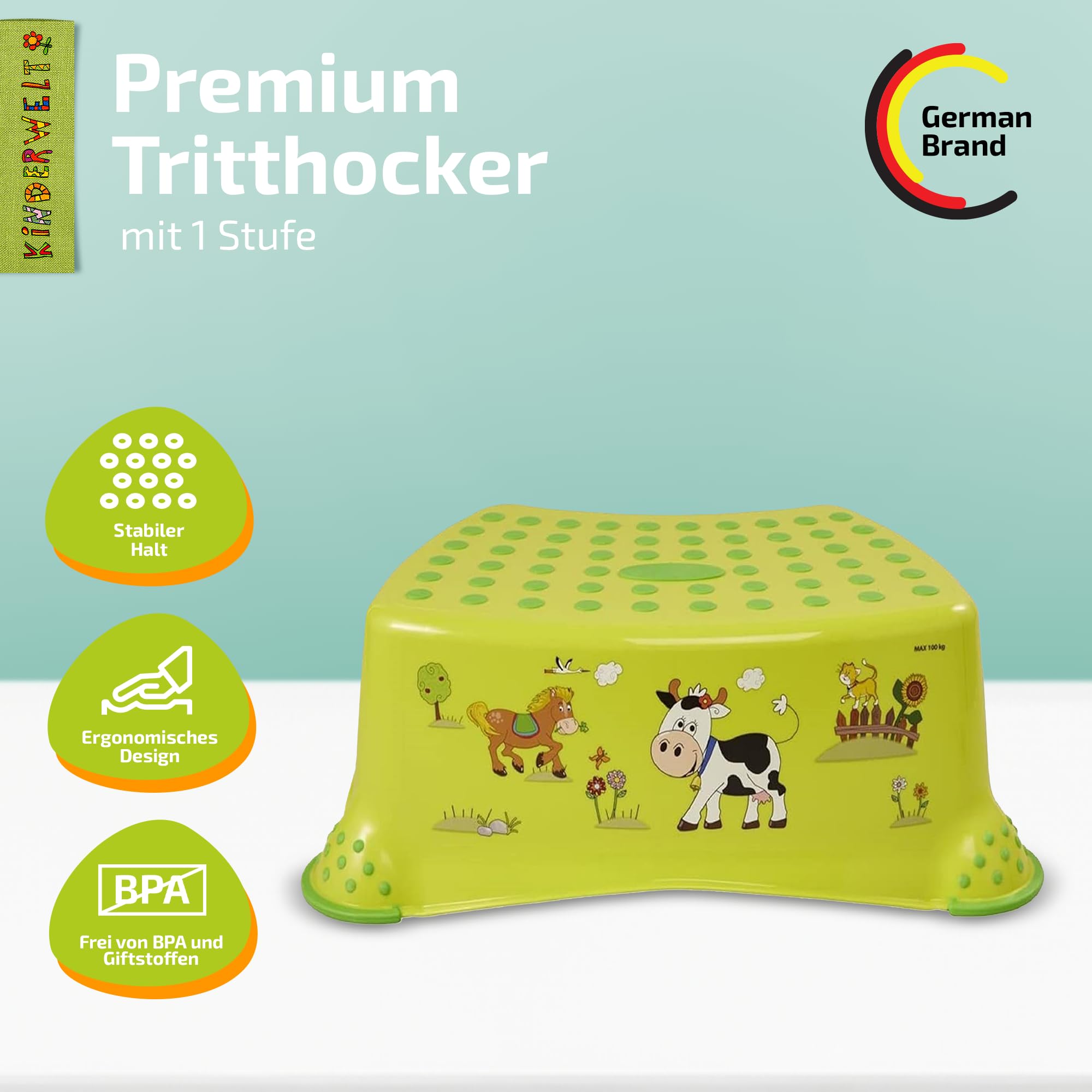 KiNDERWELT Premium Tritthocker für Kinder und Babys, Bauernhof Design in Grün, Tritthocker Stufe für Kleinkinder ab 18 Monaten, abwischbar, rutschfest und BPA-frei