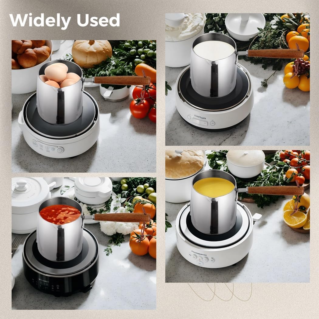 Anti Scalding Chocolate Melting Pot, Small Coffee Maker, Wooden Handle Milk Pot, Scale with Pouring Spout and Boiling Pot, 700Ml Stainless Steel Sauce Pot, Butter Warmer Pan
