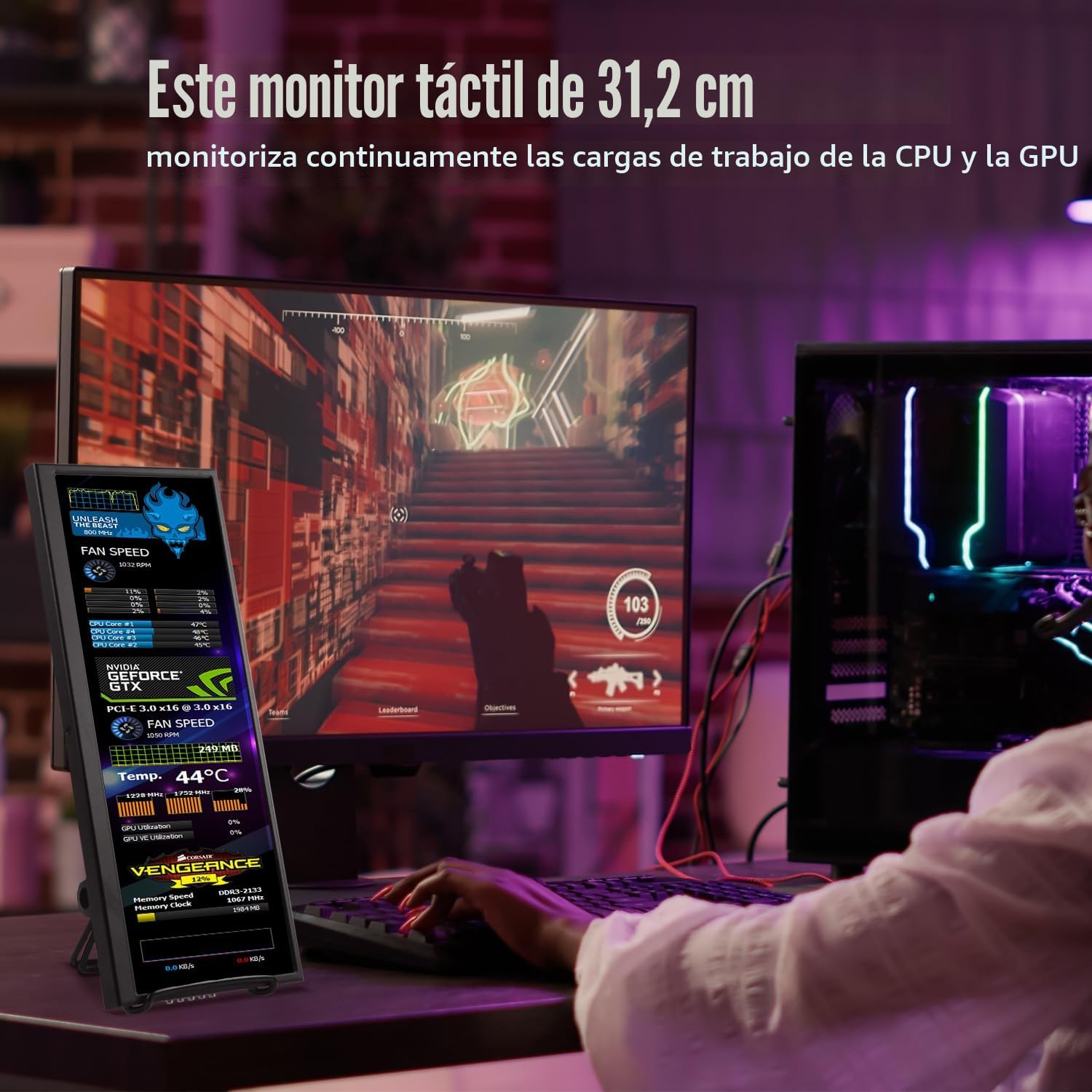 Prechen Pantalla táctil Monitor portátil, Monitor HDMI IPS 1920 x 720 de 12.3 Pulgadas con Soporte Plegable/Dos Altavoces, Adecuado para Carcasa de PC DIY Y60, Panel de Monitor secundario GPU CPU