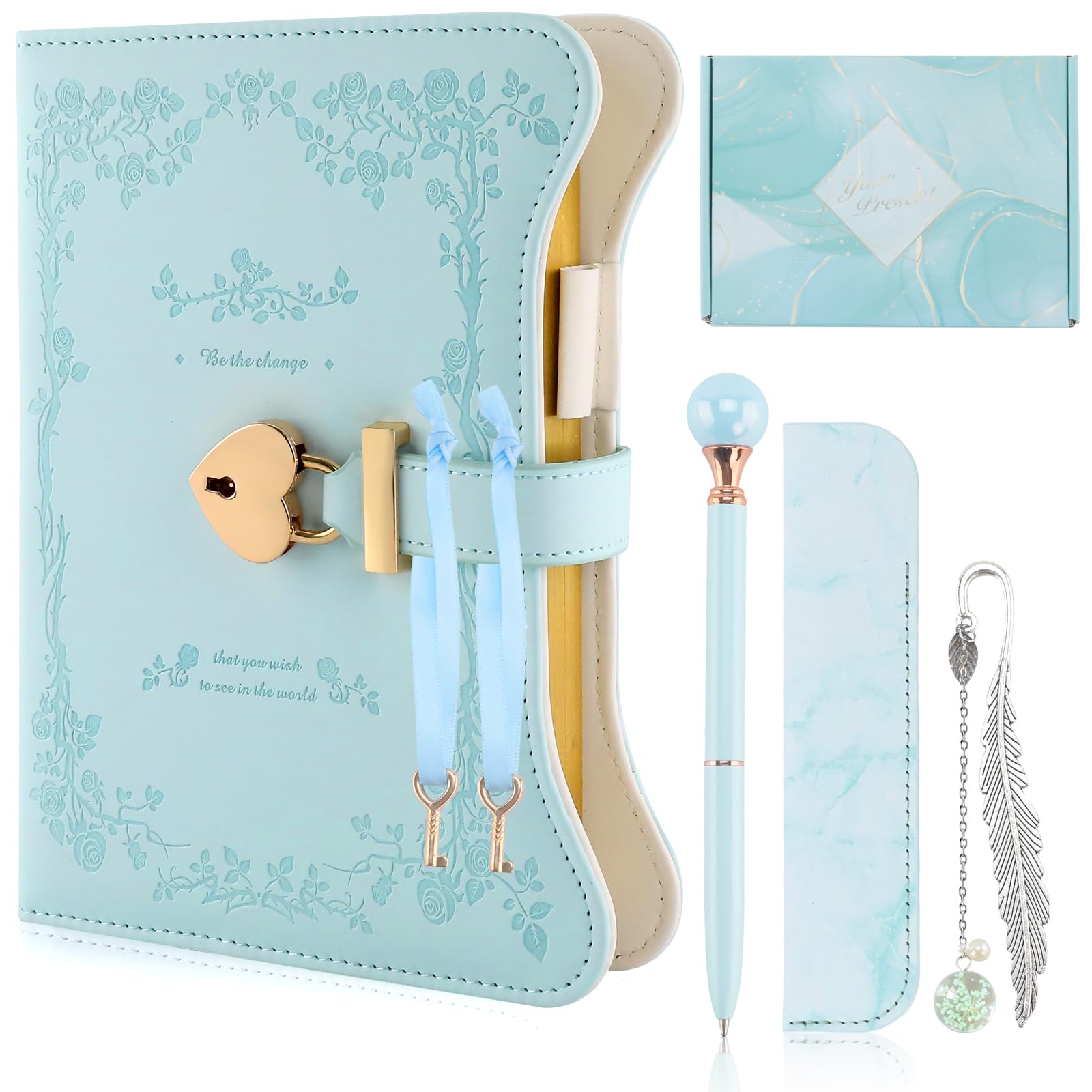 wokdsbl Girls Journal with Lock and Key Set – Blue Notebook Gift with Pen Pouch Bookmark Writing Kit, 360 Pages Gold Edge Diary, Christmas Birthday Presents for Girls Age 9 10 11 12 13 Teen Gift Idea — image 1