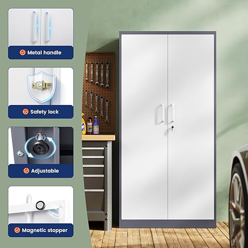 Miniatura 4 de Yizosh Armario de almacenamiento de metal con 2 puertas de bloqueo y 5 estantes ajustables, armario de almacenamiento de garaje de 72 pulgadas con