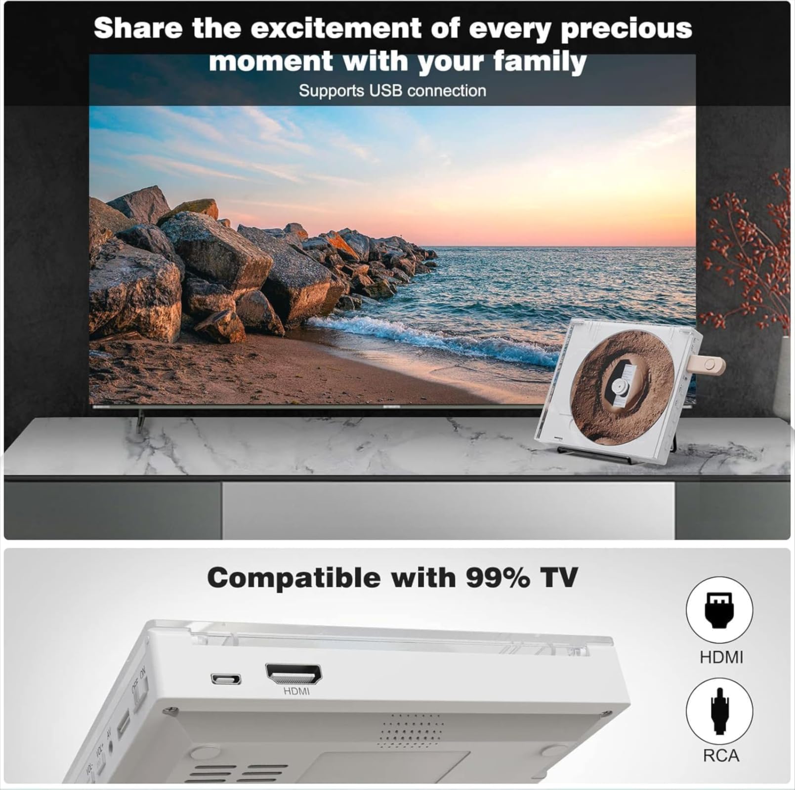 Slim Reproductor DVD Compacto para TV, 1080P HDMI DVD CD Player para Todas Las regiones Libres, Memoria Playbakc, HDMI/AV de Salida, USB 2.0, Soporte PAL/NTSC (Píxeles, White 720)
