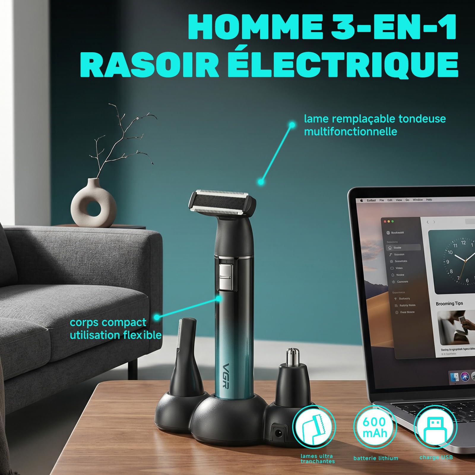 VGR 628 Tondeuse Intime Homme 3 en 1 Sans Fil, Tondeuse Partie Intime Homme, Rasoir Nez Et Taille Des Sourcils Avec Base Et, Pour Poitrine, Jambes, Aisselles, Nez Et Visage, IPX5, Vert