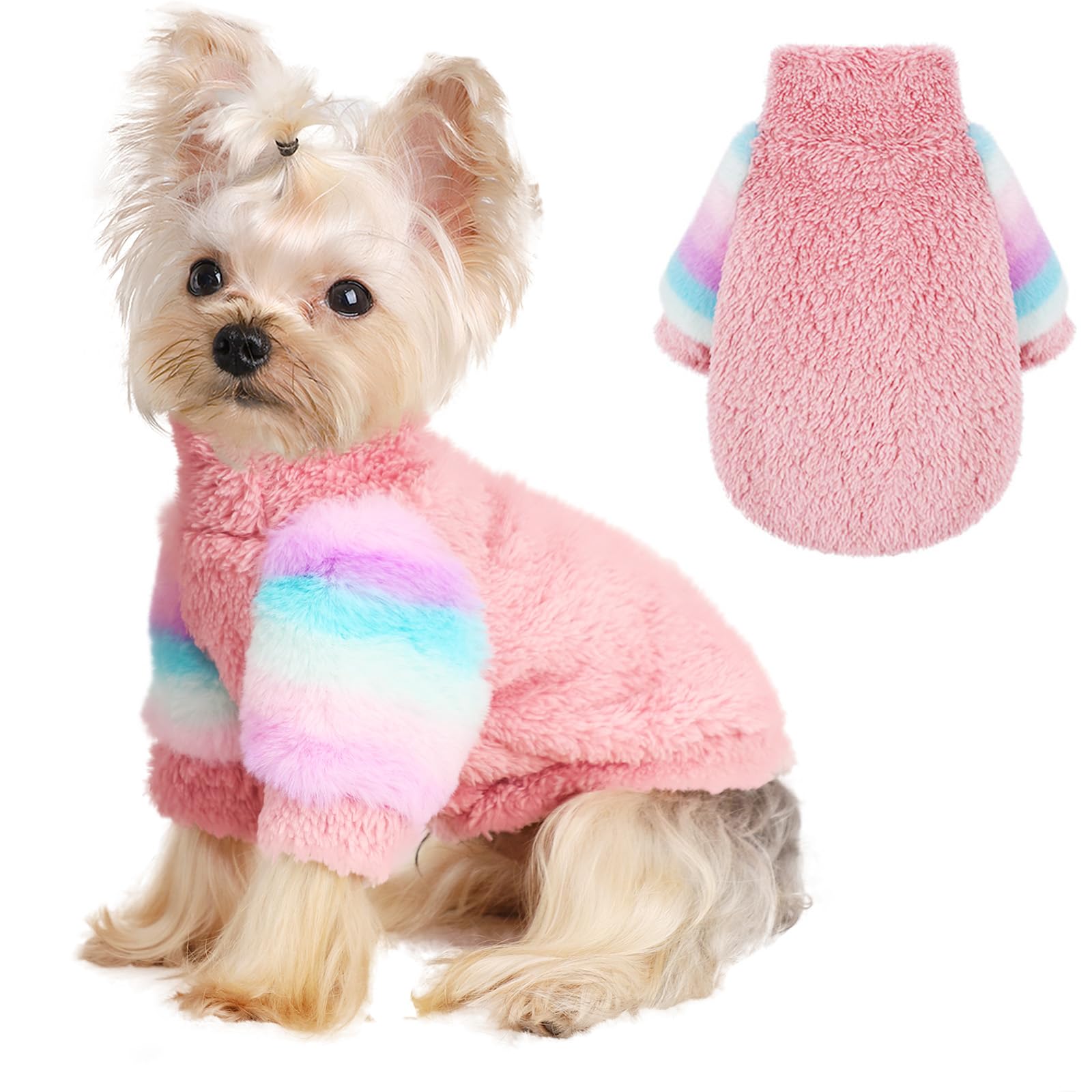 Sebaoyu Dog Sweater for Small Winter Warm Fleece Turtleneck Sweatshirt Clothes Boy Girls Pet Pullover with Rainbow Sleeves Cat Apparel Stretchy Outfit