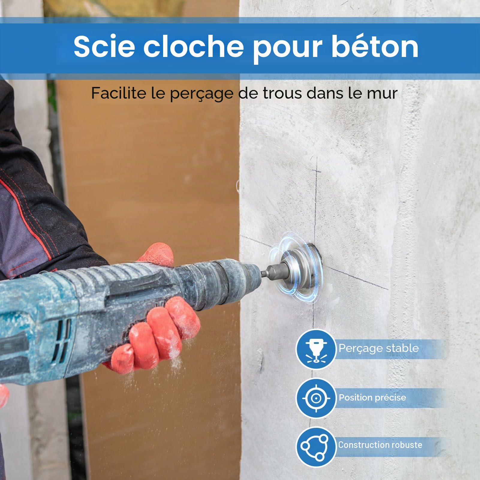Trépan Béton, Set de Scies Cloches, Jeu de forets pour Carottiers TCT, Scie Cloche Beton, Carotteuse Beton, Coupe-trous pour Maçonnerie en Tungstène à Tige d'extension SDS Plus, 10 pièces
