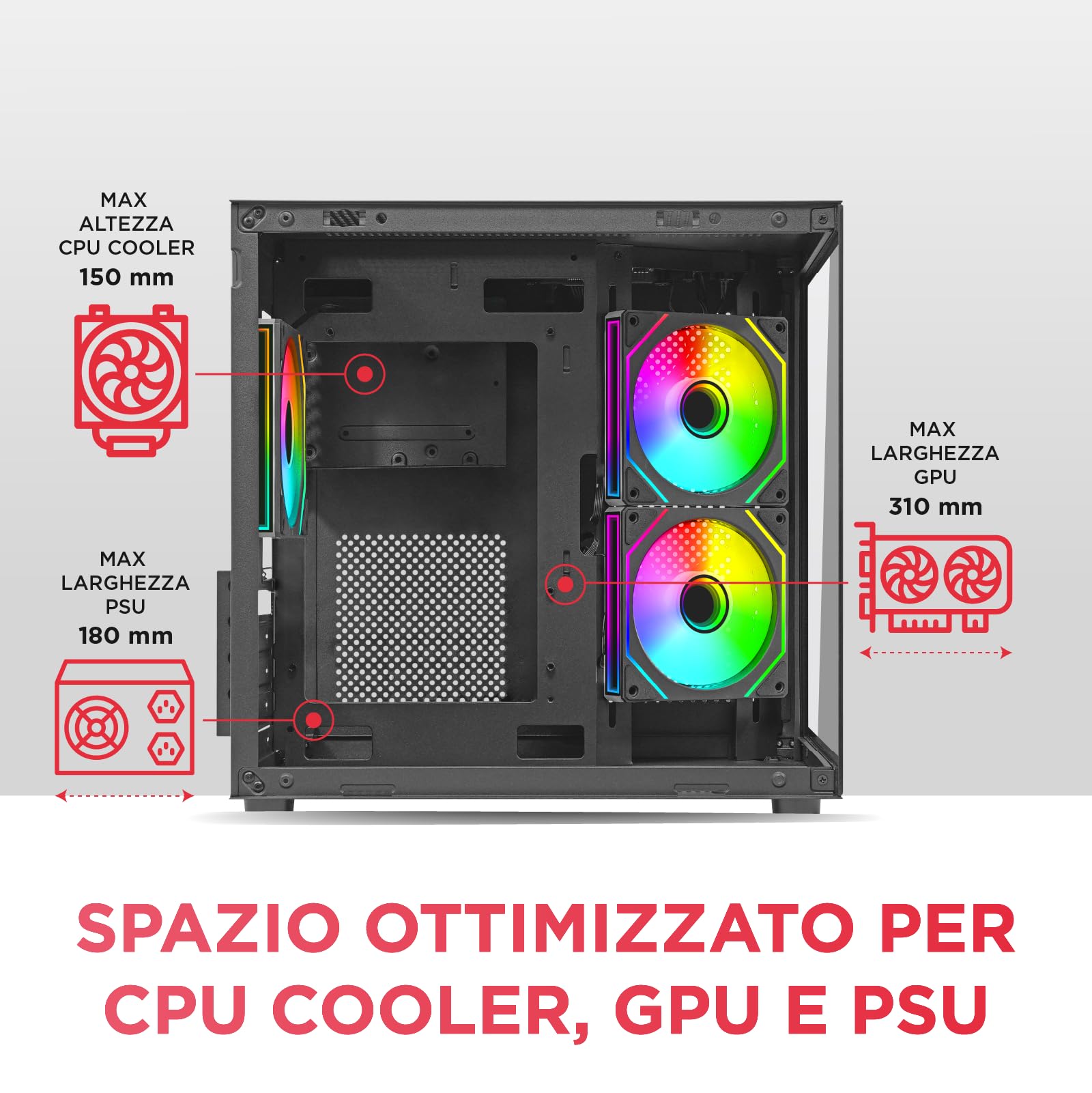 Nuwo Vitra BK100 | Case PC Gaming Micro-ATX Nero | Doppia Camera PSU Nascosto | 3 Ventole ARGB 120mm | Doppio Vetro Temperato Panoramico | Airflow | USB 3.0