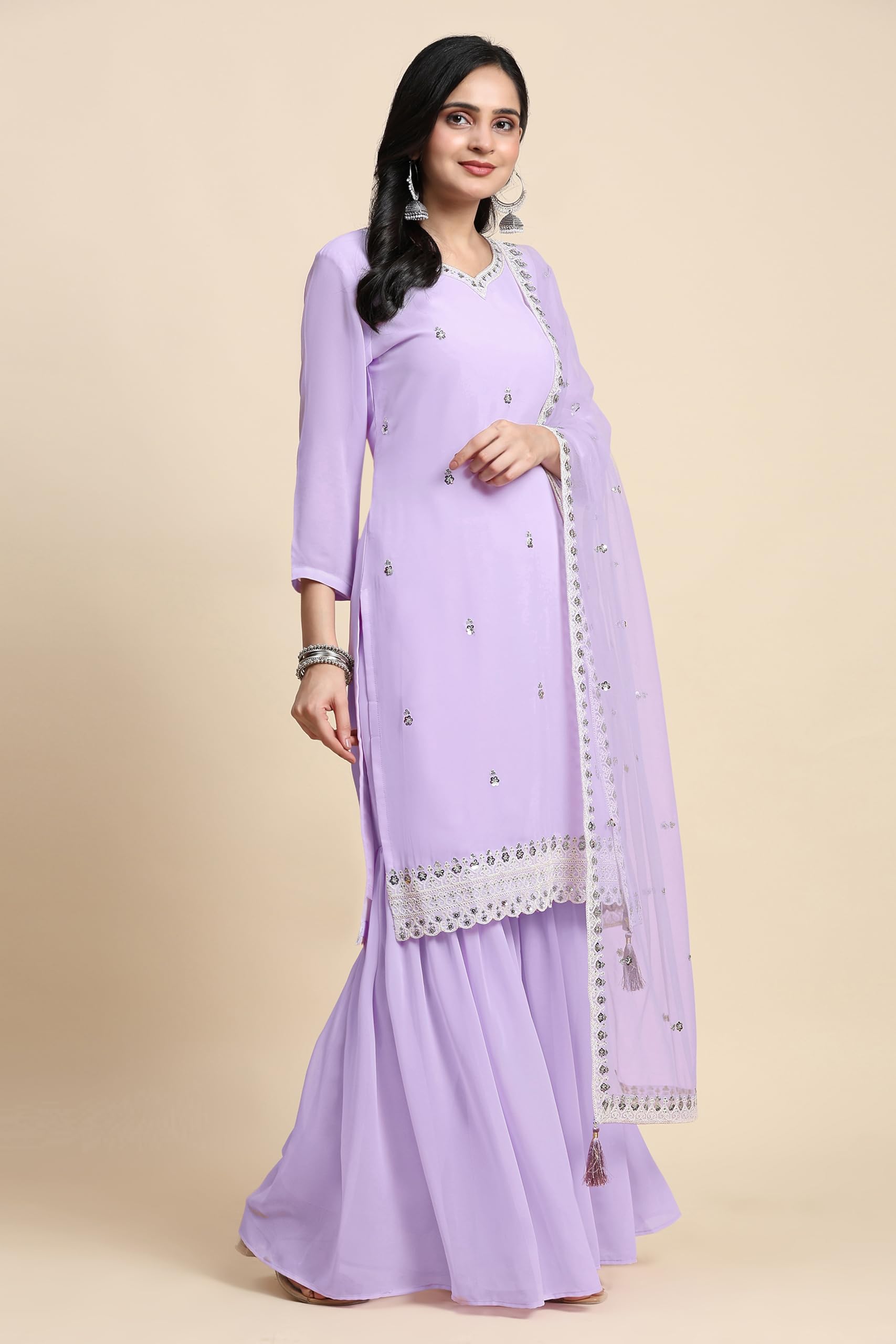 TRENDMALLS Damen Georgette Stickerei Arbeit Kurta Sharara Set mit Dupatta Kurta Set für Frauen